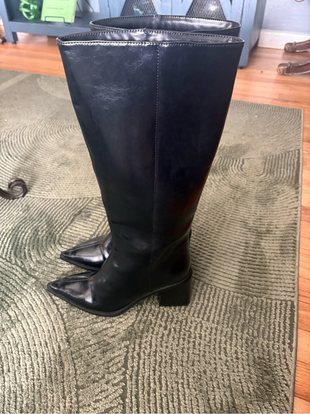 Zara Black Leather Knee-High Block Heel Boots